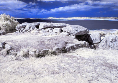 Rocks on snow covered landscape against sky