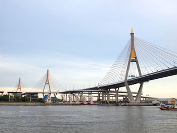 View of suspension bridge over river