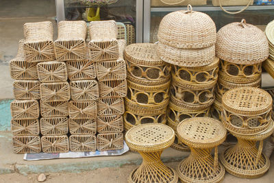 High angle view of wicker baskets for sale at market stall