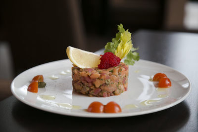 Close-up of dessert in plate on table