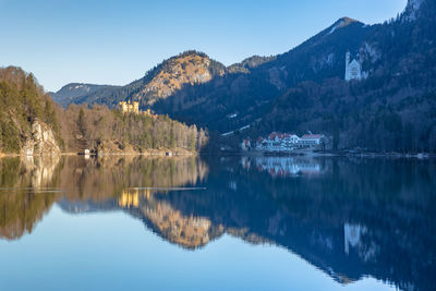 Scenic view of lake and mountains against clear sky