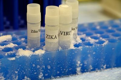 Close-up of test tube with on container with frost