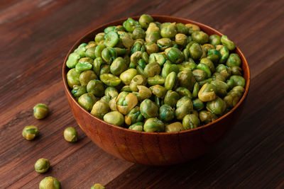 High angle view of green peas in bowl on table