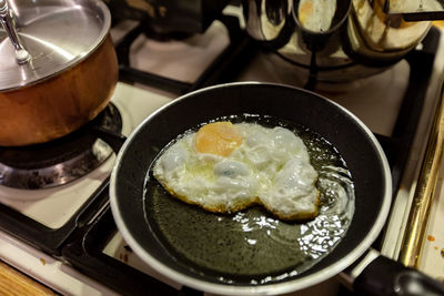 High angle view of breakfast in cooking pan