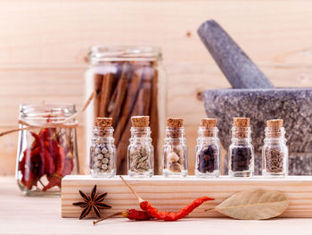 Close-up of dry and fresh herbs in jar on table