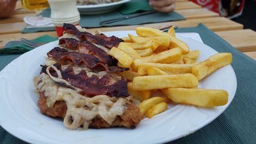 Close-up of food served in plate on table