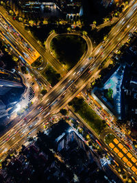 High angle view of illuminated cityscape at night