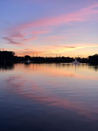 Scenic view of lake against sky at sunset