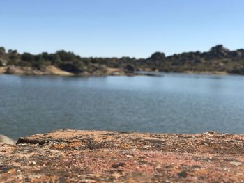 Scenic view of lake against clear sky