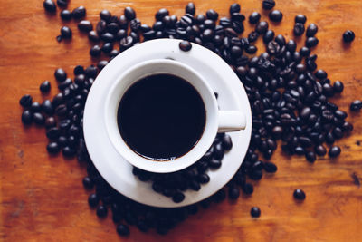 High angle view of coffee cup on table