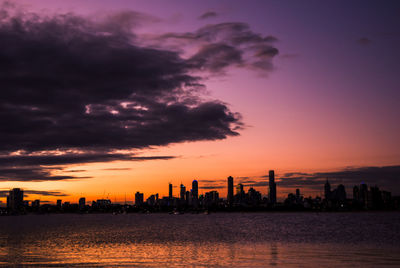 Buildings and lake against sky during sunset in city