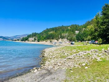 Scenic view of beach against clear blue sky