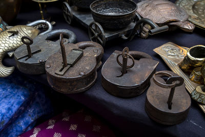 High angle view of old objects on table