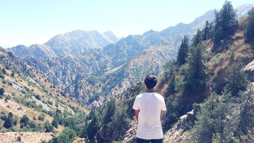 Rear view of shirtless man standing on mountain against clear sky