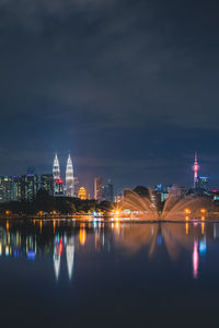 Reflection of illuminated buildings in water at night