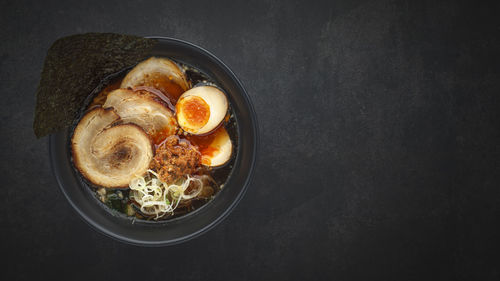 High angle view of breakfast served on table