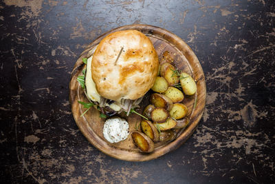 High angle view of bread in bowl on table