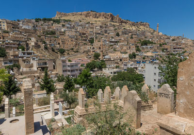 High angle view of buildings in town