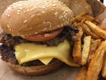 Close-up of cheeseburger and french fries