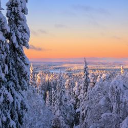 Scenic view of snow covered landscape against sky during sunset