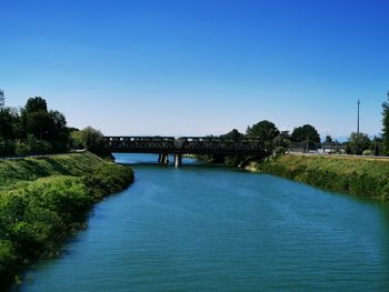 Bridge over river against blue sky