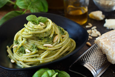 Close-up of noodles in bowl on table