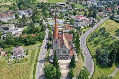 High angle view of buildings in city