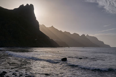 Scenic view of sea and mountains against sky