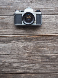 High angle view of camera on table