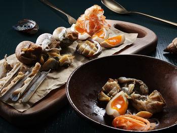 High angle view of food in container on table