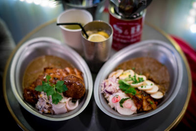 High angle view of food served on table