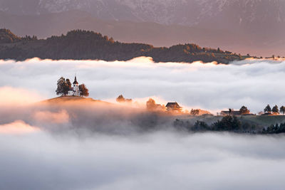 Scenic view of mountains against sky during sunset