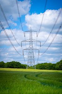 Ylon power electricity electrical distribution cable across field with blue sky and white clouds