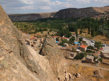 High angle view of buildings against sky