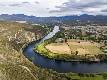 Aerial drone view of river derwent, one of the major rivers on the island of tasmania, australia