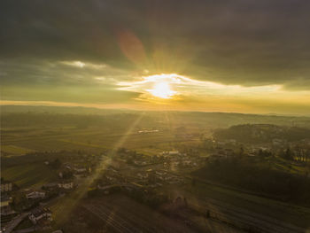 High angle view of cityscape against sky during sunset