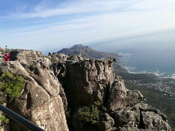 Scenic view of sea and mountains against sky