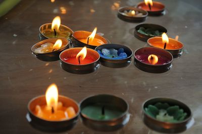 Close-up of burning candles floating on water