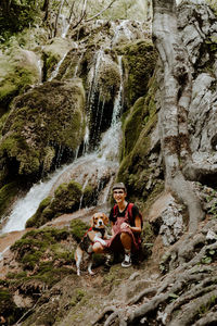 Dog sitting on rock by waterfall