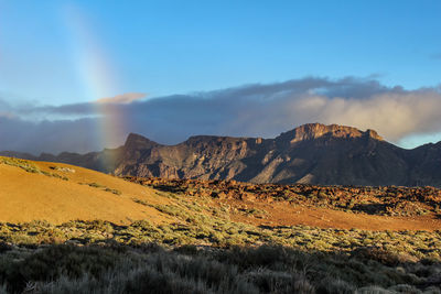 Scenic view of landscape and rainbow against sky