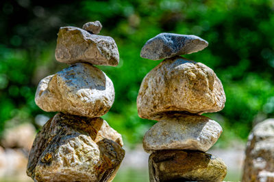 Close-up of stone stack on rock