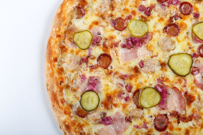 High angle view of pizza in plate on table