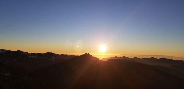 Scenic view of silhouette mountains against clear sky during sunset