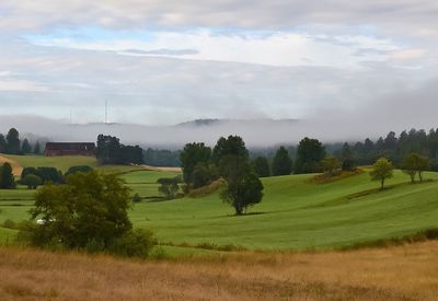 Scenic view of field against cloudy sky