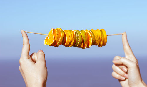 Cropped hands holding orange fruit slices in skewer against sky