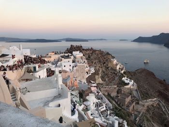 High angle view of town by sea