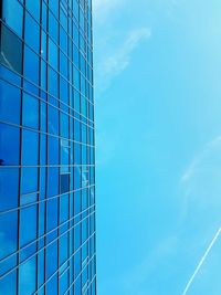 Low angle view of modern building against blue sky