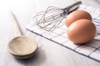 High angle view of eggs on table