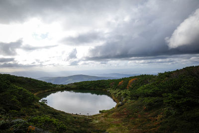 Scenic view of lake and mountains against sky