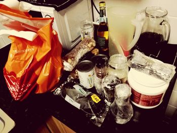 High angle view of wine bottles on table